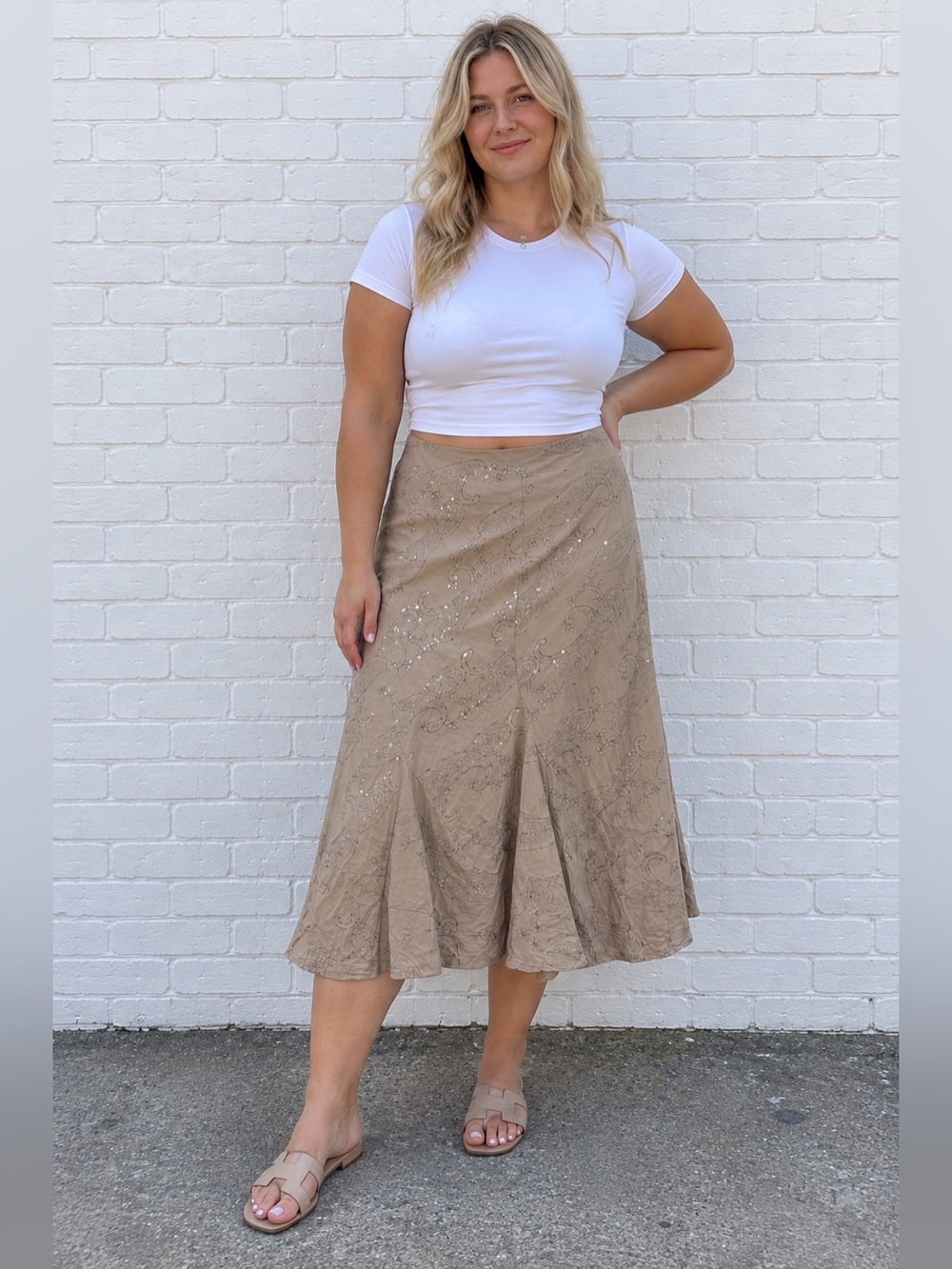 Womens Medium Size 8 Beige Sequin Midi Skirt Boho Festival Y2K Embroidery Flare